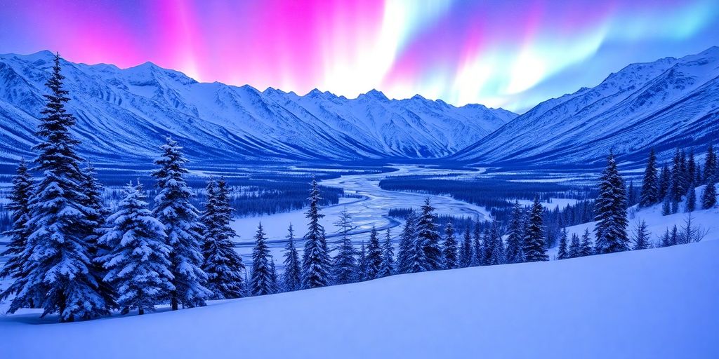 Alaskan landscape, snow, mountains, aurora borealis