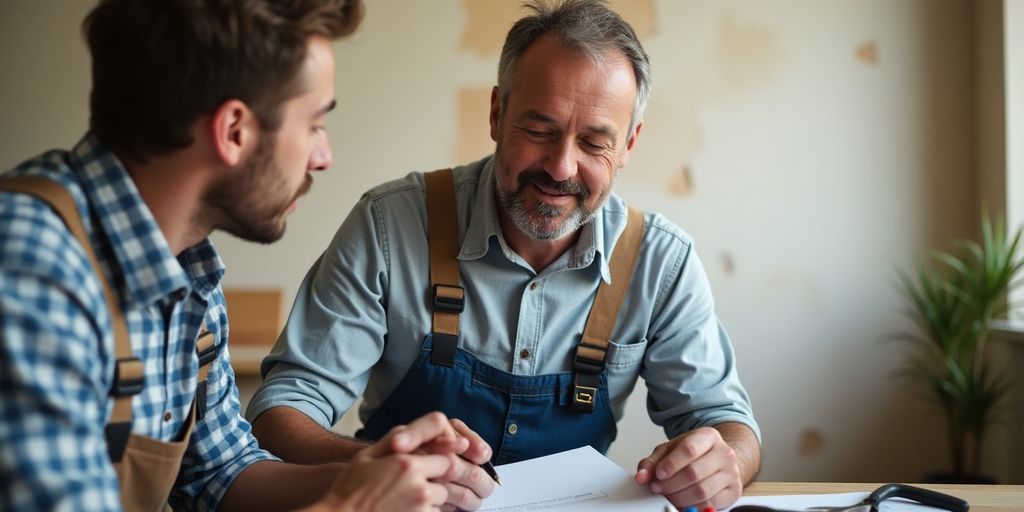 Homeowner consulting with contractor about fire damage repairs.