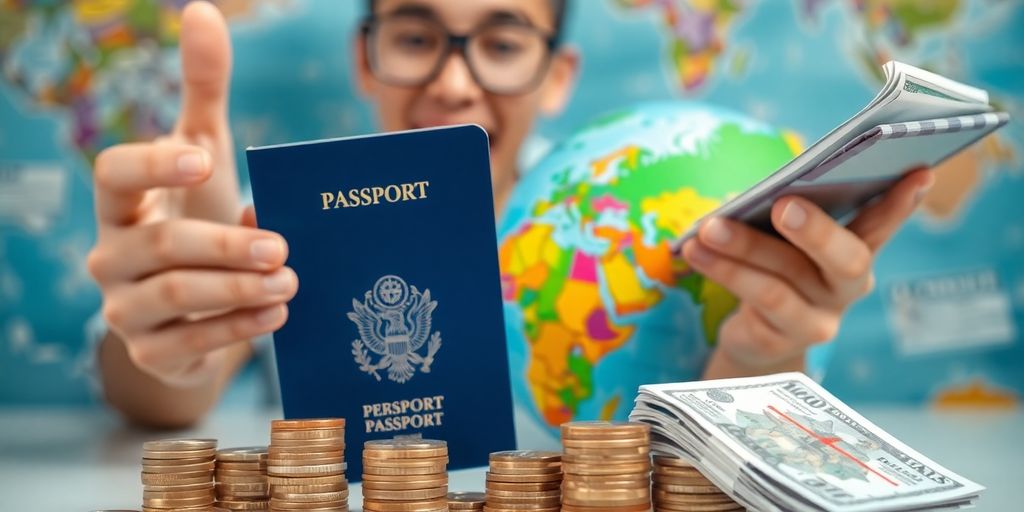 Person happily planning a trip with passport and globe.