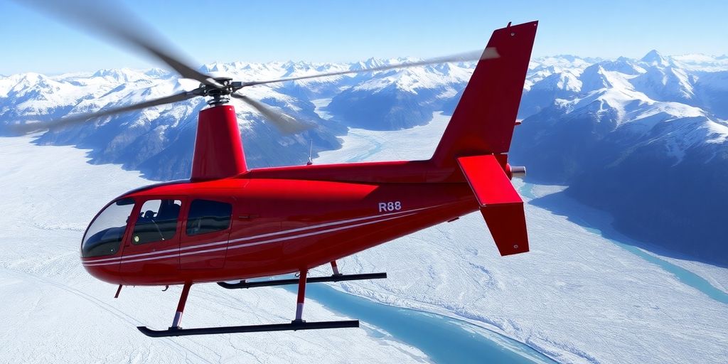 A red Robinson R88 helicopter flying over Alaskan glaciers.