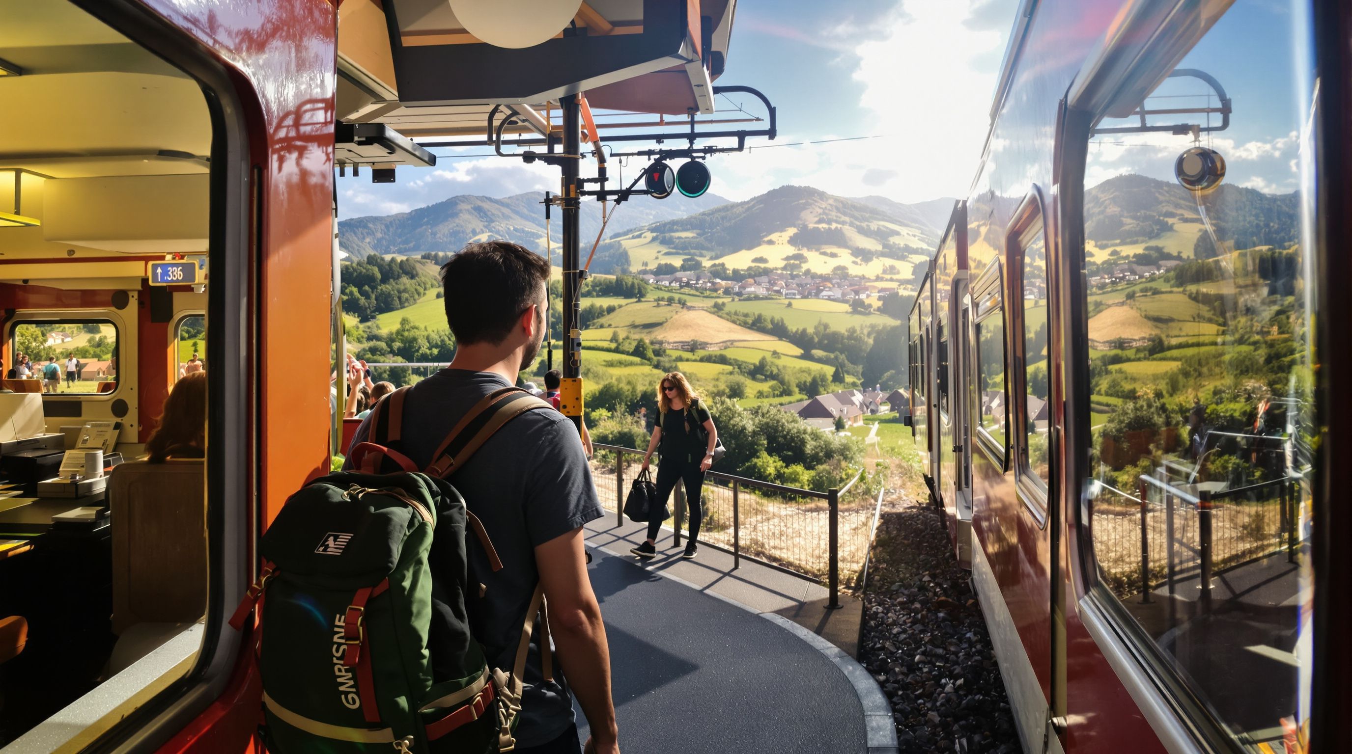 Solo traveler on a European train platform overlooking a scenic landscape.