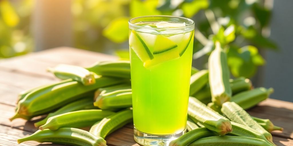 Glass of okra water with fresh okra pods.