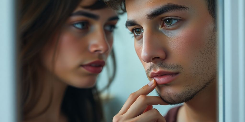 Person reflecting in a mirror, deep in thought.