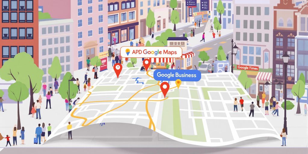 Illustrert kart med lokal bedrift og nabolagsscene.