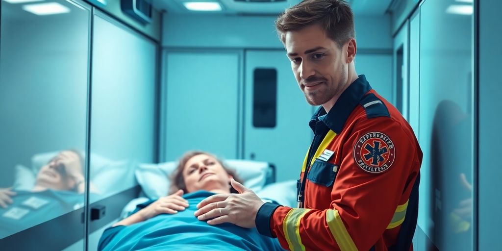 EMT helping patient in ambulance.