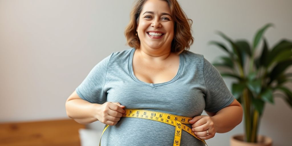 Person measuring waist after successful weight loss journey.
