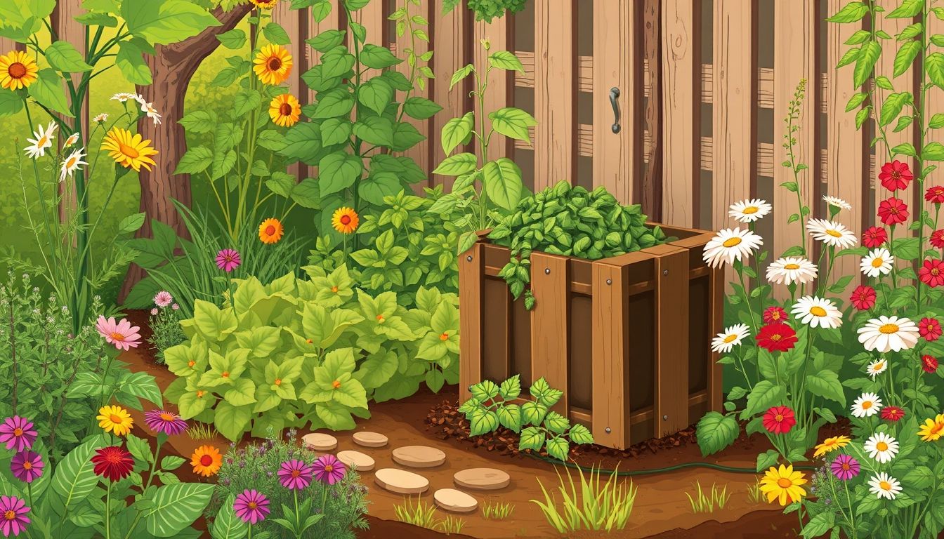 Illustration of a garden with a compost bin.