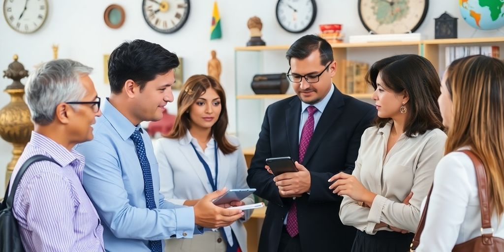 Diverse professionals discussing financial documents in a cultural setting.