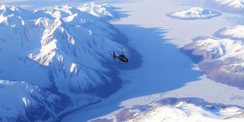 Helicopter flies over Alaskan mountains and glaciers.