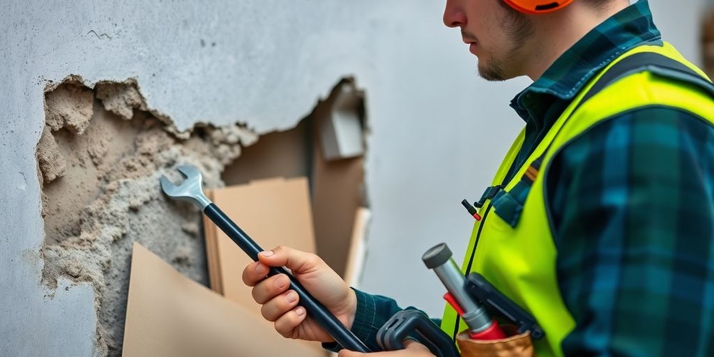 Construction worker inspecting a wall with tools in hand.
