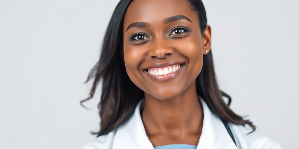 Smiling healthcare professional, clean white background.