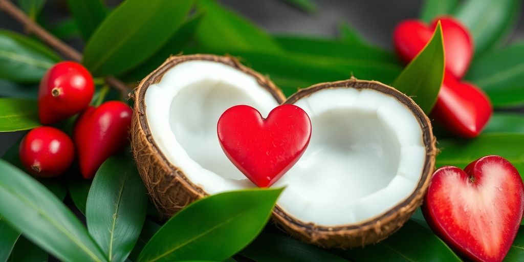 Coconut and green leaves, highlighting heart health themes.