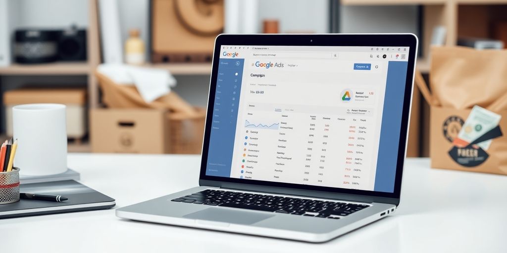 Espaço de trabalho com laptop e produtos de e-commerce.