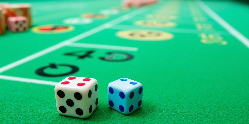 Close-up of dice on a green felt craps table.
