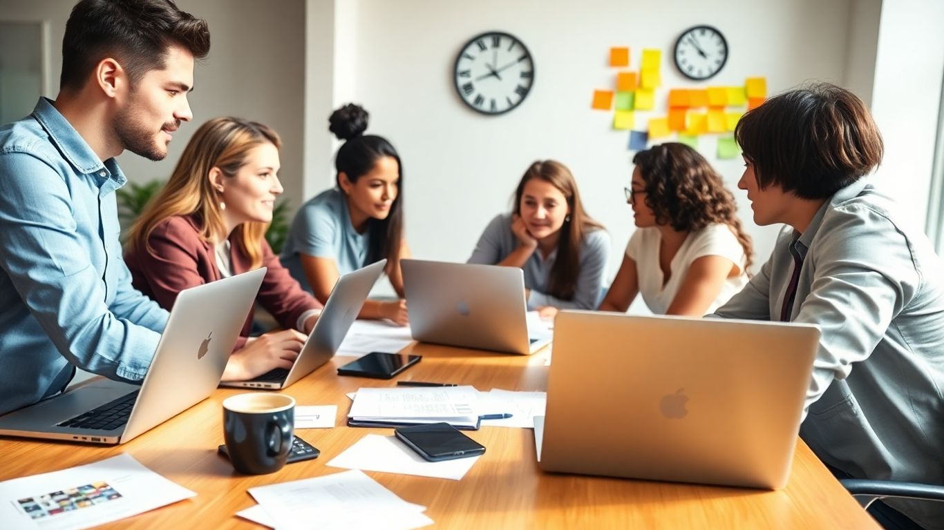 Recruiters collaborate with laptops, calculator, smartphone, clock, and sticky notes.