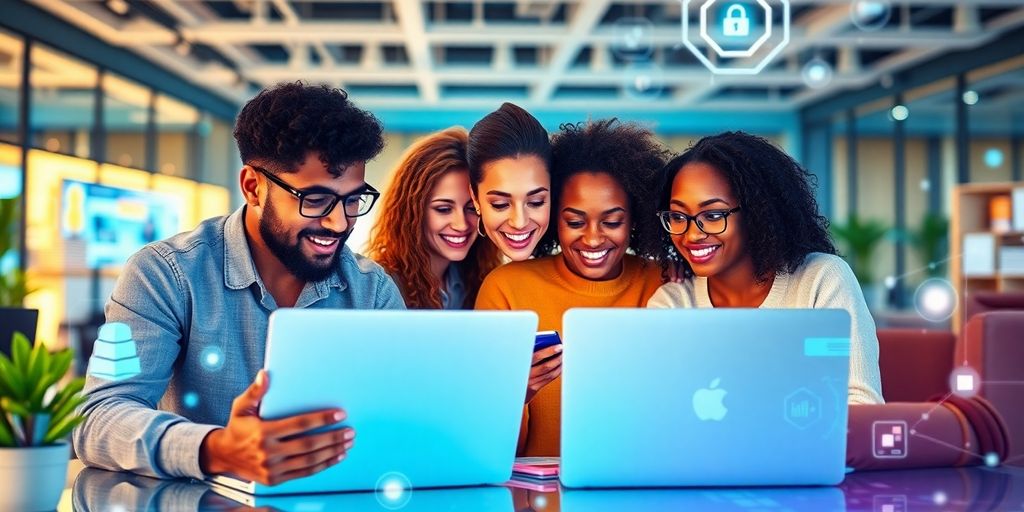Entrepreneurs analyzing products with AI tools in a workspace.