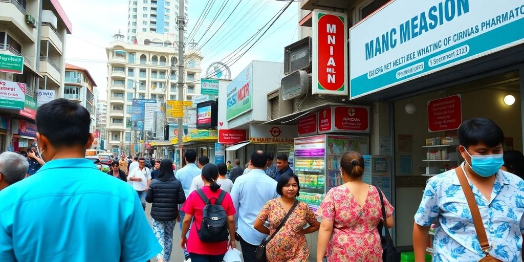 Vibrant Manila street with healthcare facilities and locals.