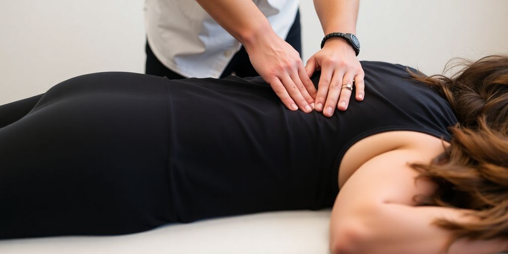 Chiropractor adjusting patient's back.