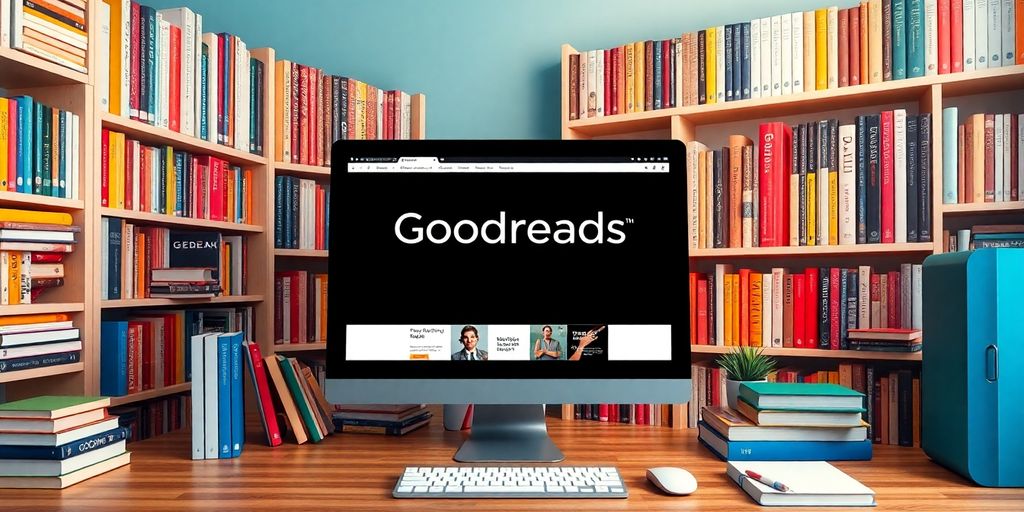 Desktop with Goodreads interface and organized bookshelves.