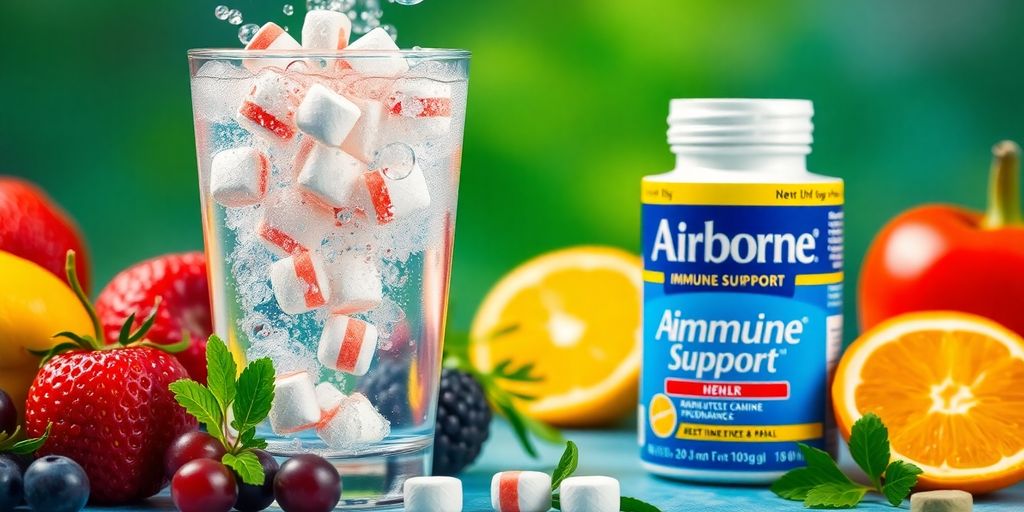 Effervescent tablets dissolving in water with fruits and herbs.