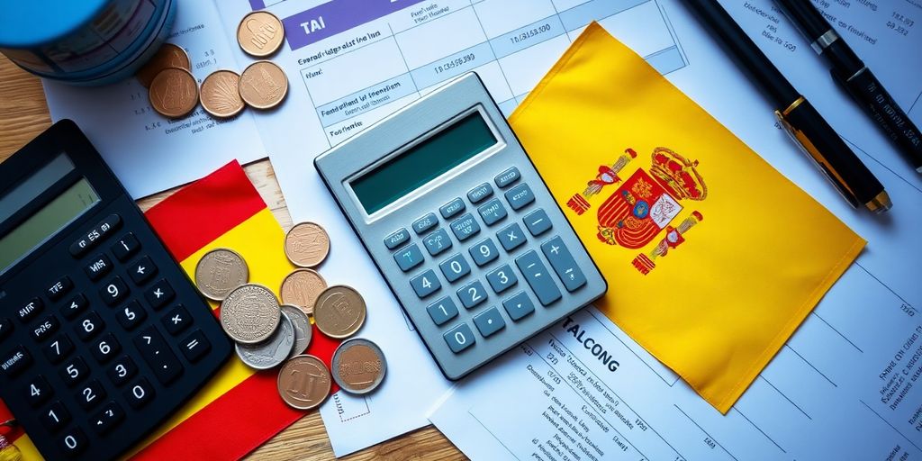 Calculator with tax documents and Spanish flag on desk.