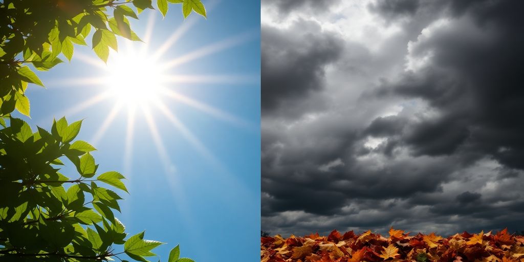 Ciel alternant soleil éclatant et nuages sombres, feuilles d'automne et fleurs estivales.