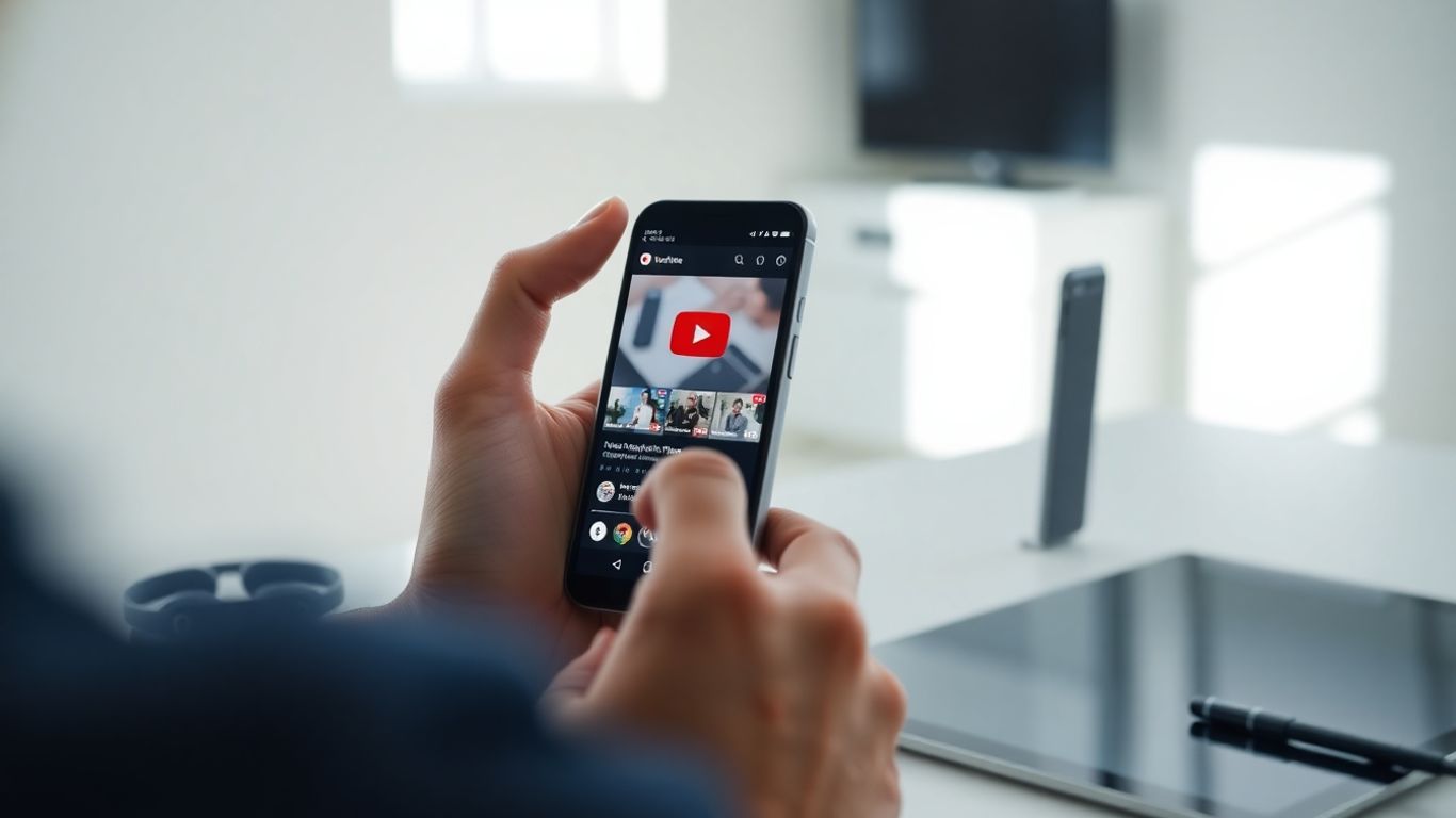 Person enjoying YouTube app on smartphone with gadgets.