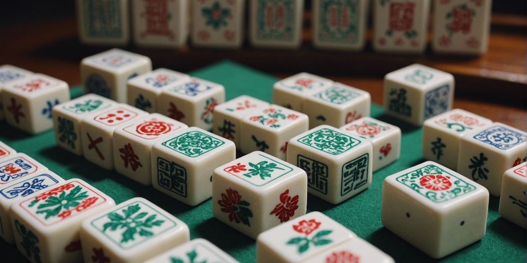 Close-up of Mahjong tiles displaying their dimensions and intricate designs in a neat arrangement.