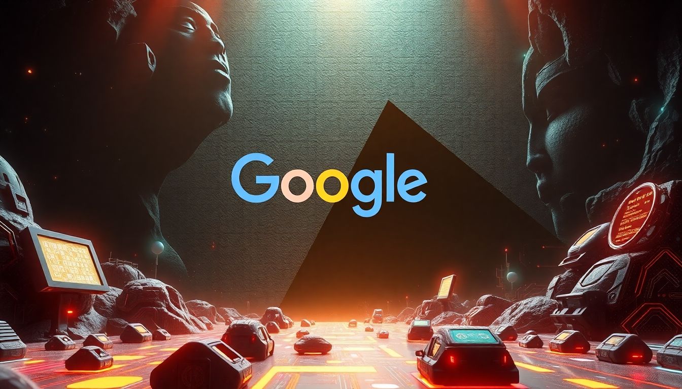 Futuristic AI landscape overshadowing Google's logo.