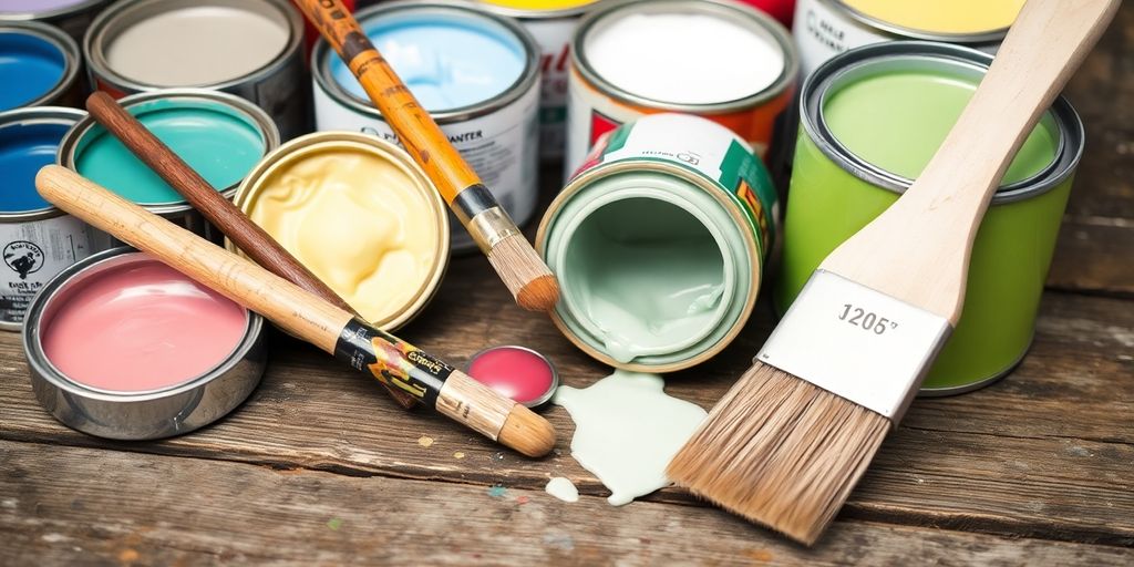 Paint cans and brushes on a wooden surface.