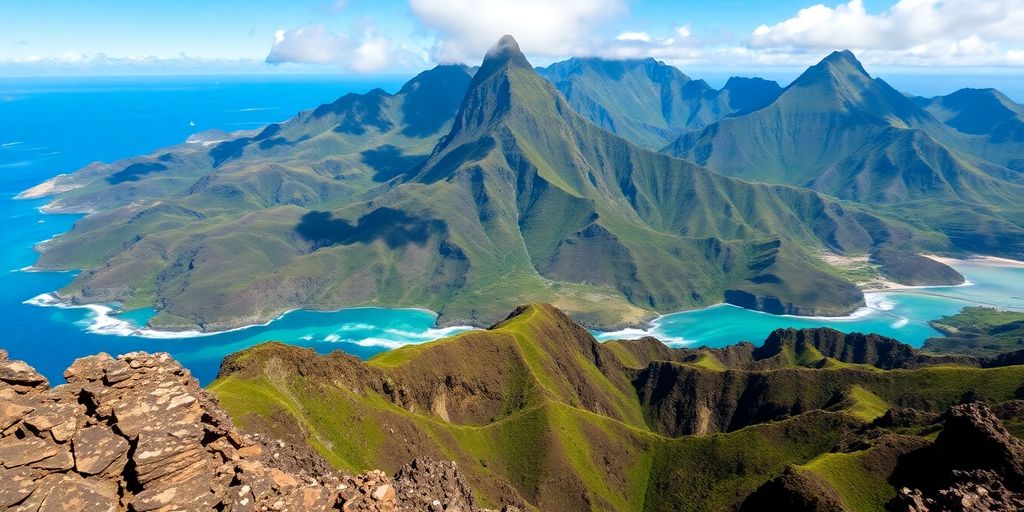 Scenic view of Marquesas Islands' lush green mountains and blue ocean.