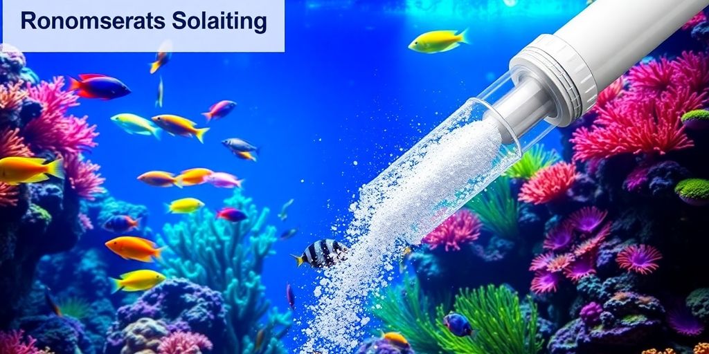 Colorful saltwater aquarium with fish and protein skimmer.