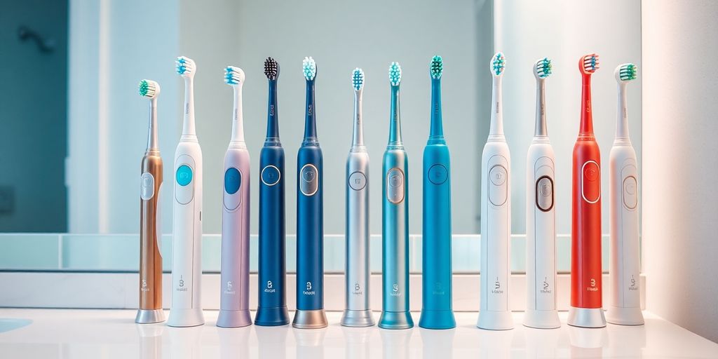 Verschiedene elektrische Zahnbürsten auf einem Badezimmerregal.