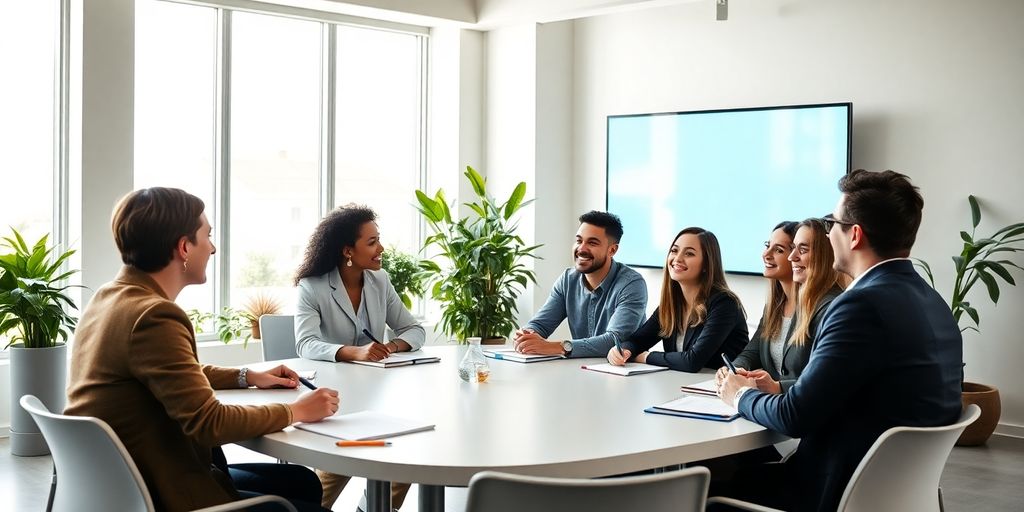 Grup de profesioniști la curs, concentrându-se atent în sala modernă