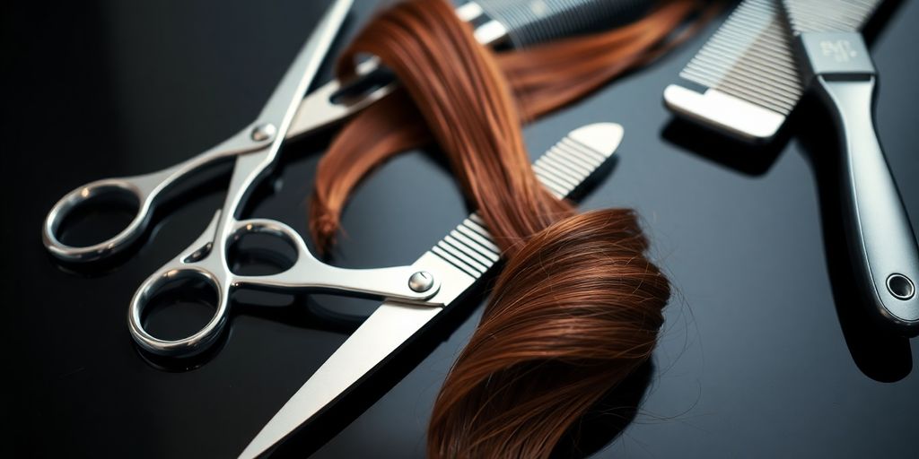 Hairdresser's tools on a sleek, dark surface.