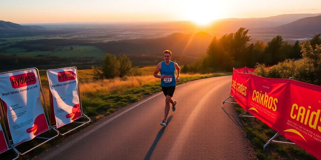 Runner on a marathon route with hydration and snacks.