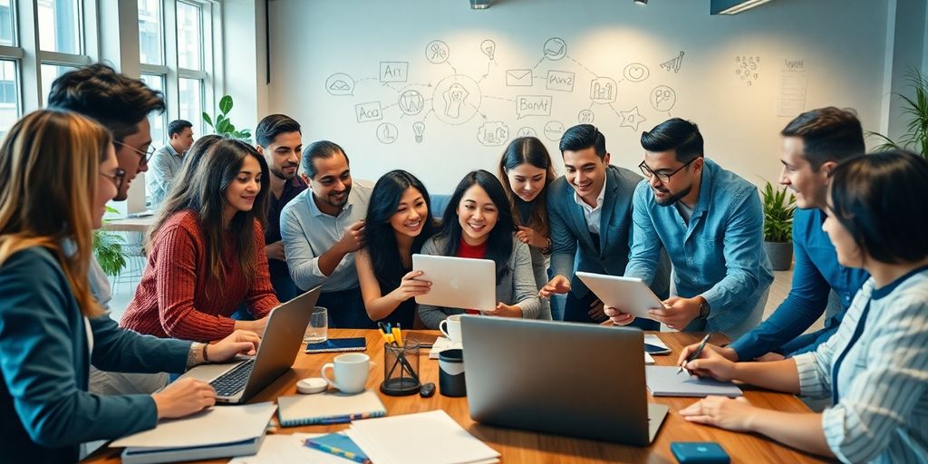 Diverse entrepreneurs collaborating in a modern workspace.