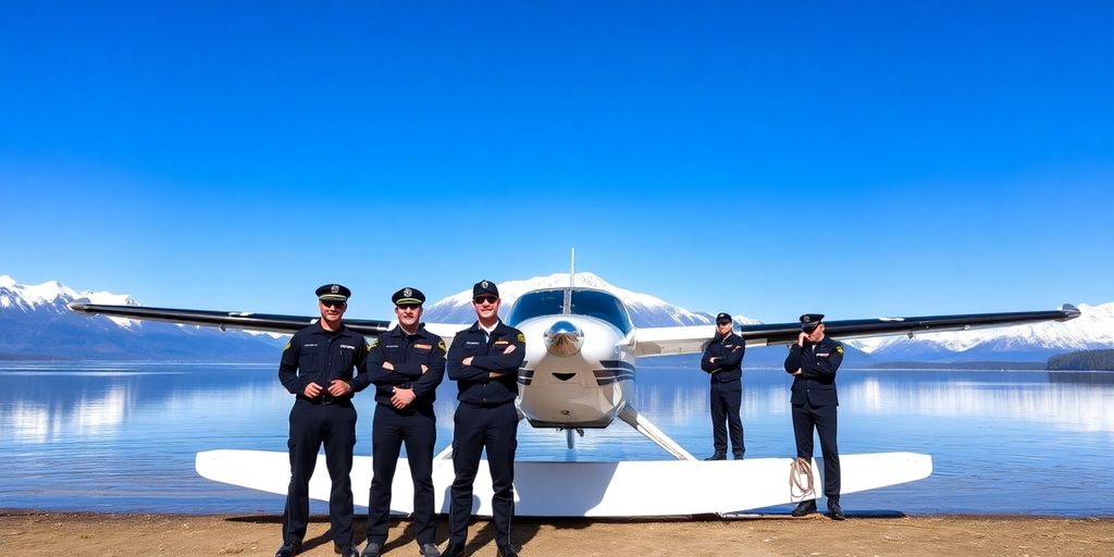 Flight crew and seaplane on a lake with Alaskan mountains.