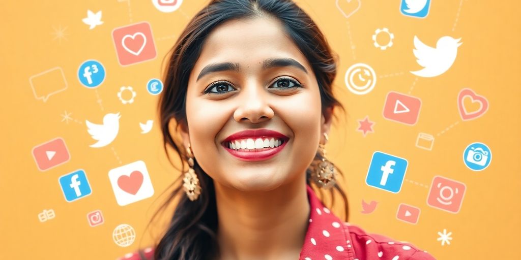 Ruks Khandagale smiling with social media icons around her.