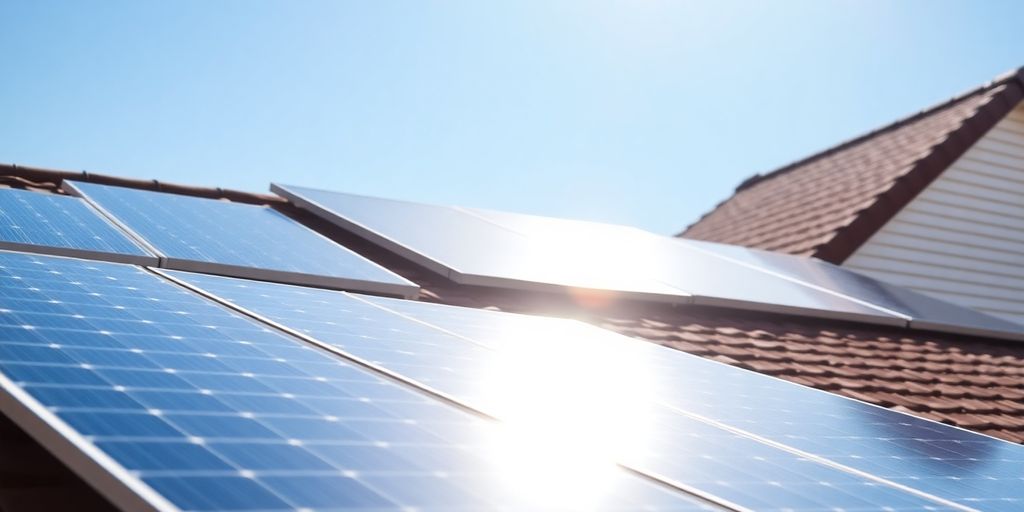 Solar panels on a rooftop under a blue sky.