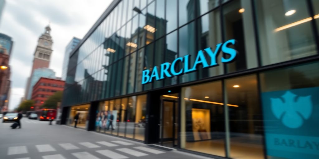 Barclays building with city skyline.