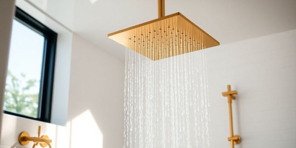 Brushed gold rainfall shower in a modern bathroom.