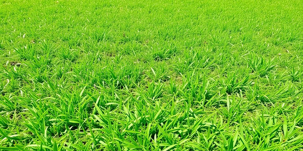 Vibrant green lawn with different grass types and textures.