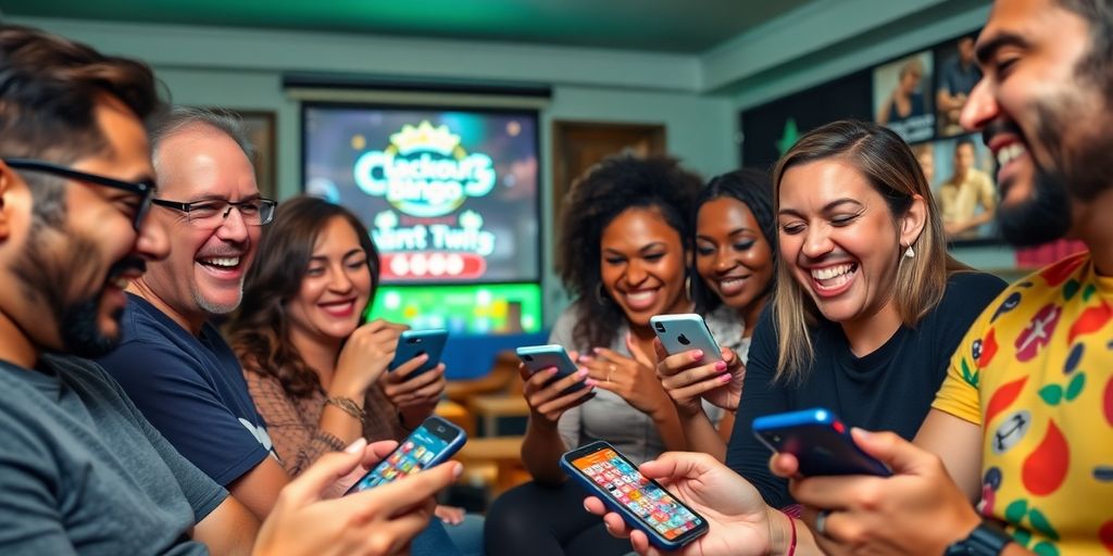 Players enjoying Blackout Bingo on smartphones, colorful excitement.