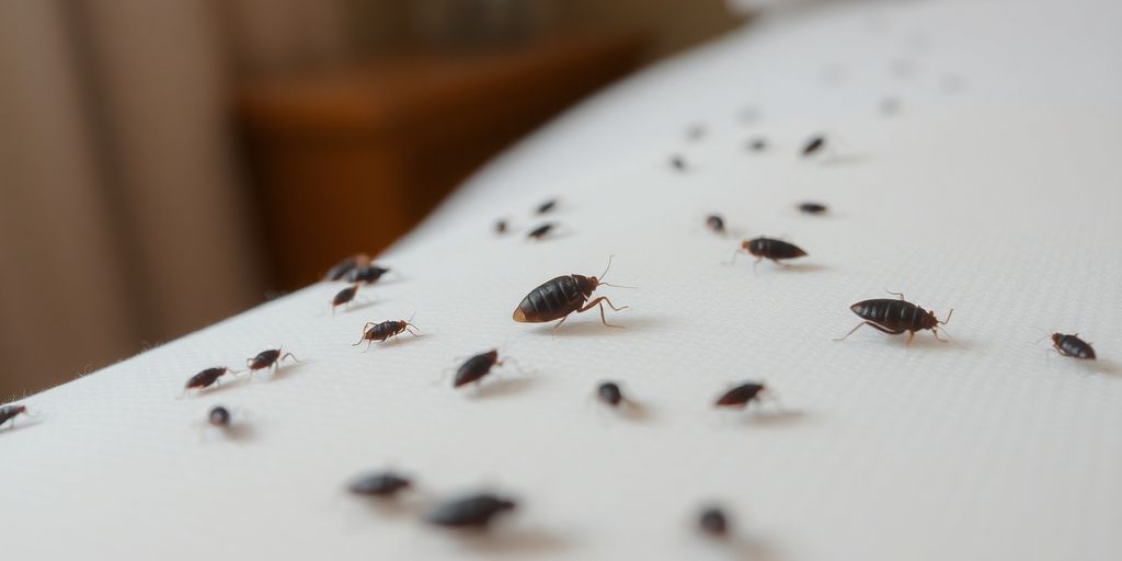 Close-up of bed bugs on a mattress.