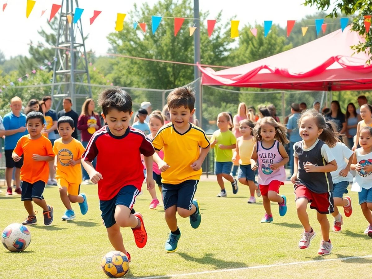 Copii jucând fotbal și baschet la un eveniment.