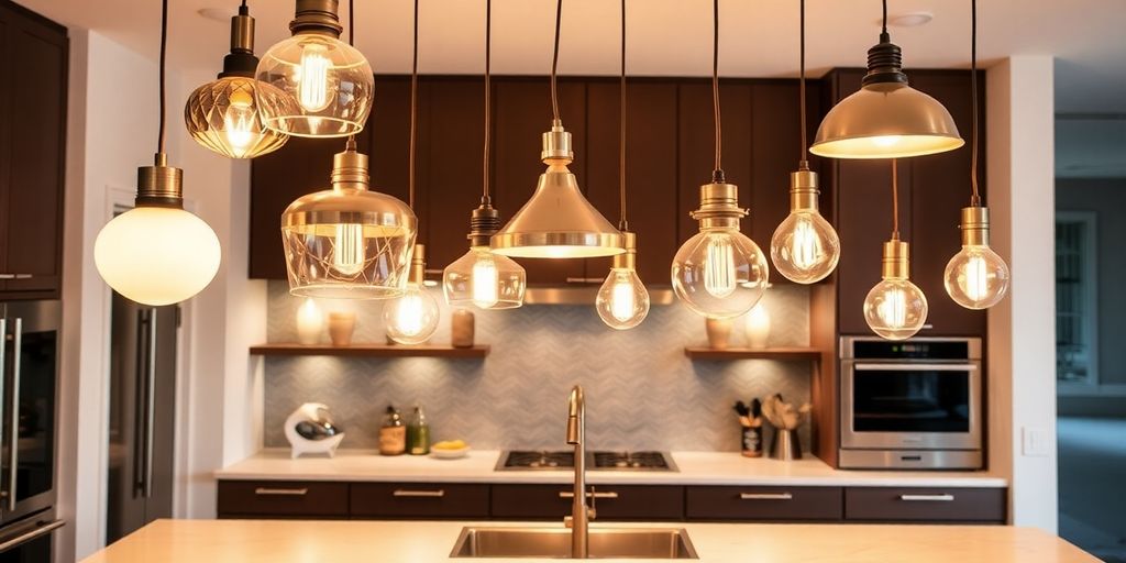 Modern kitchen island with striking statement pendant lights.
