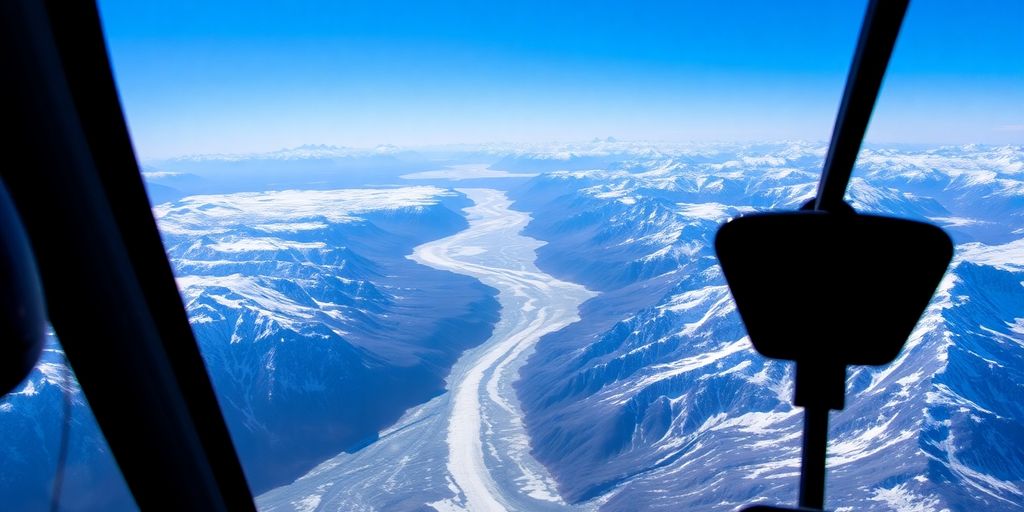 Aerial view of rugged Alaskan mountains from a helicopter.