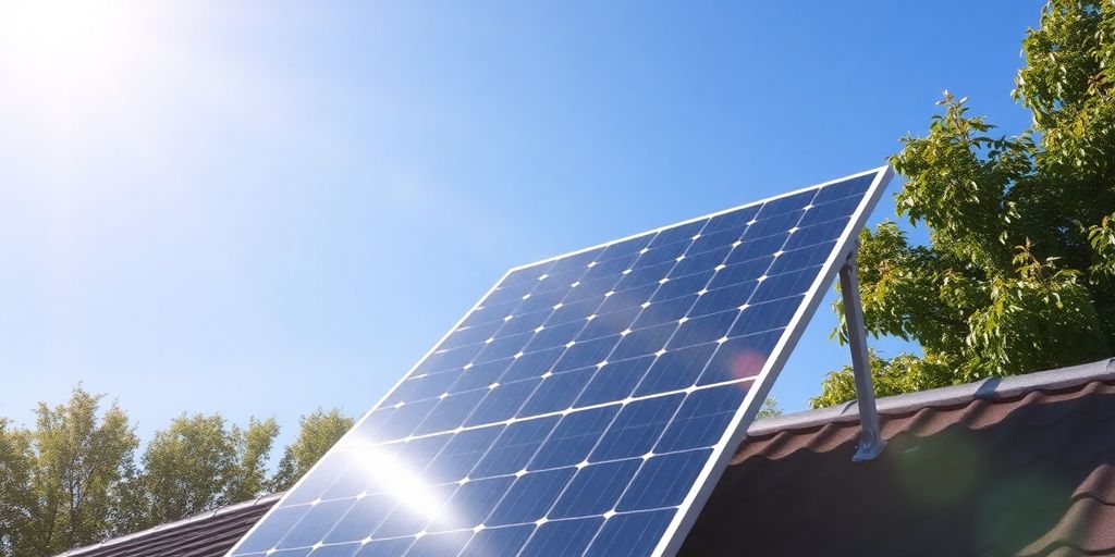 Photograph of a 220W solar panel on a rooftop.