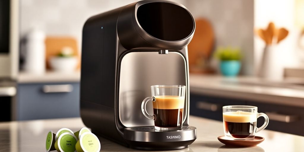 Compact Tassimo Espresso Machine on a kitchen countertop.